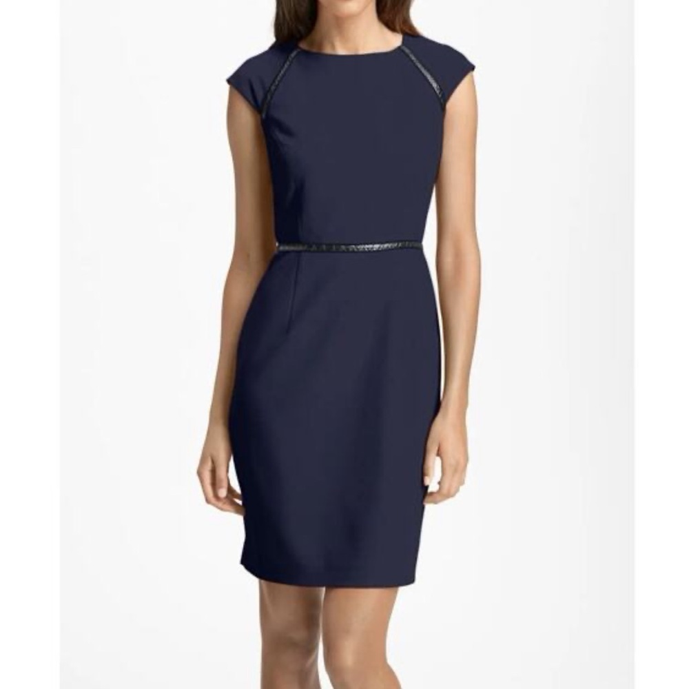 Calvin Klein Cap Sleeve Faux Leather Trim Sheath Dress In Indigo Navy 8 Office
